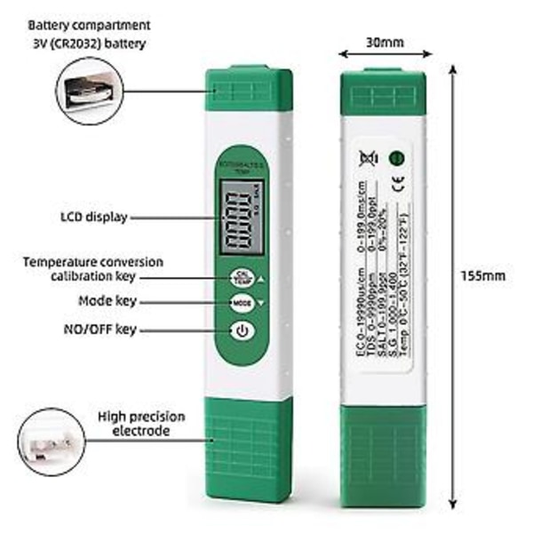 Digital Ec/tds/salt/s.g./temperaturmätare 5 I 1 Vattentestare
