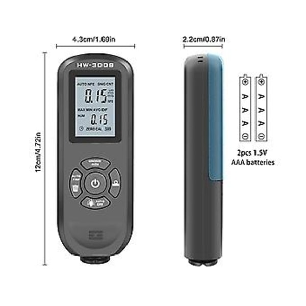 Digitaalinen pinnoitteen paksuusmittari 0,01 mm/1 mil paksuusmittari LCD-näytöllä ja kalibroinnilla