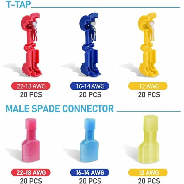 120 stk T-stik stikforbindelse, elektrisk stik hurtigstik, T-stik hurtigstik, fuldt isoleret terminalforbindelsessæt-blå x 40 stk, gul