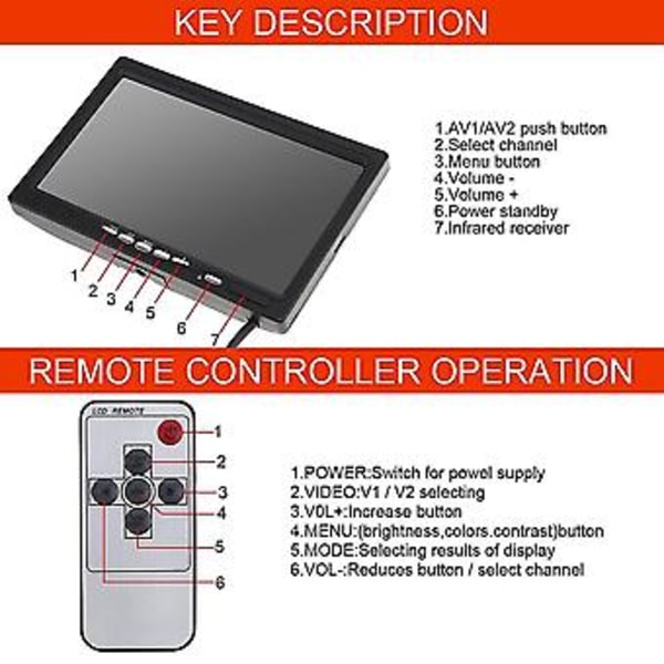 12v-24v 7 Tum Tft Lcd Färg Hd Monitor För Bil Lastbil Cctv Backkamera