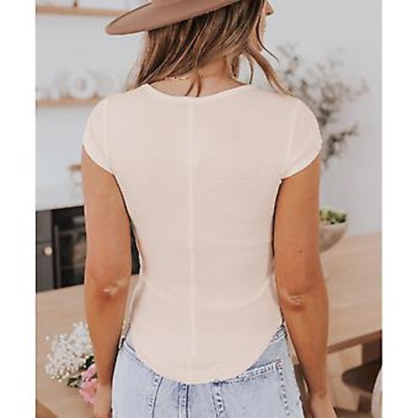 Dame Sommer Top Kortærmet V-Hals Knap Slim Skjorte til Hverdagsbrug og Udendørs Sport ESTC010 Beige S