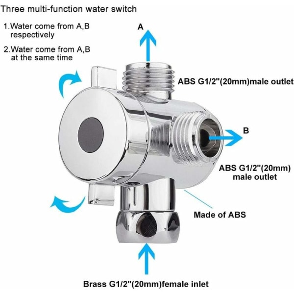 Multifunksjon 3-veis dusjkran med avleder, dusjhodeadapter for dusjarm, kjøkkenvask G1/2", T-kran reservedeler