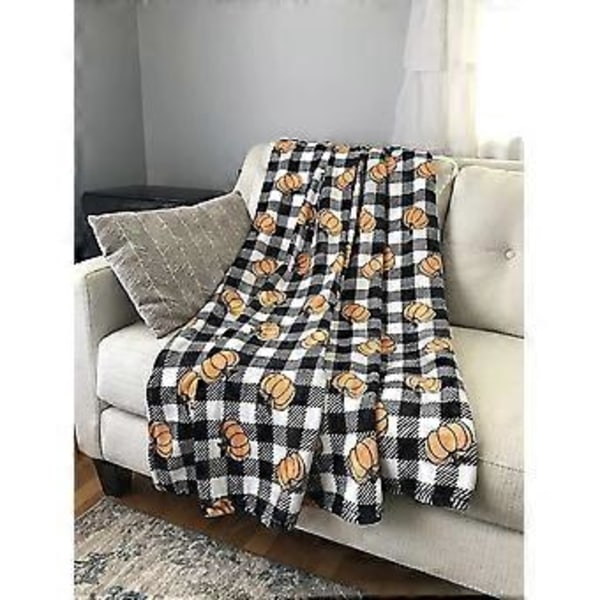60\" L X 50 W Efterårs Dekorativt Kastetæppe: Moderne Bondehus Landstil Sort Og Hvidt Tern Med Orange Græskar Til Stue Sofa Seng Stol Kollegieplaid P