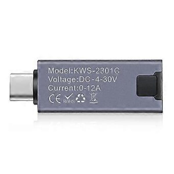 Typ-C Multifunktionell Digital Display Amperemeter Effektmätare DC 4-30V 12A Voltmeter Amperemeter Kapacitetstestare KWS-2301C