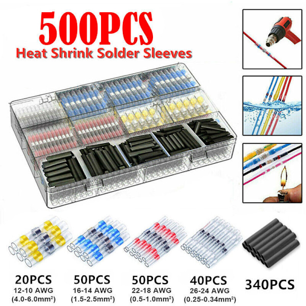 500Pcs Electrical Terminals Solder Heat Shrink Tubing, Heat Shrink Solder Butt Seal Electrical Connectors Insulated Waterproof Marine Automotive Cop