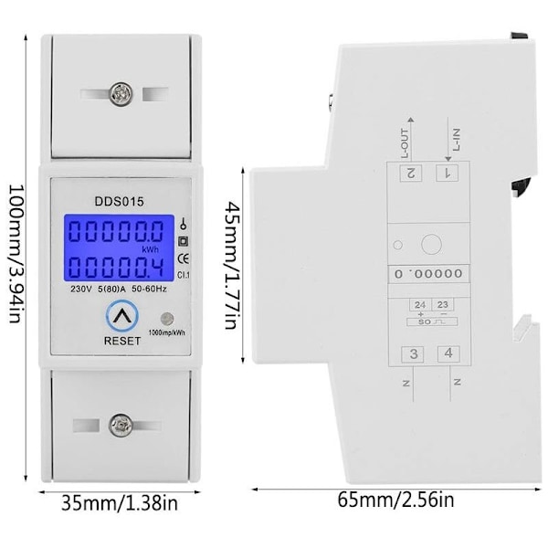 LCD-bakgrunnsbelyst enfase energimåler, DIN-skinnemontert KWh-måler DDS015, wattmeter (230V 5-80A 50Hz)