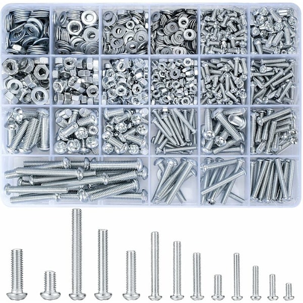1080 stk. M3 M4 M5 M6 gevindskruesæt med sekskantmøtrikker og skiver, rundhovedskruer, Phillips-skruer, sæt med mekaniske skruesortiment