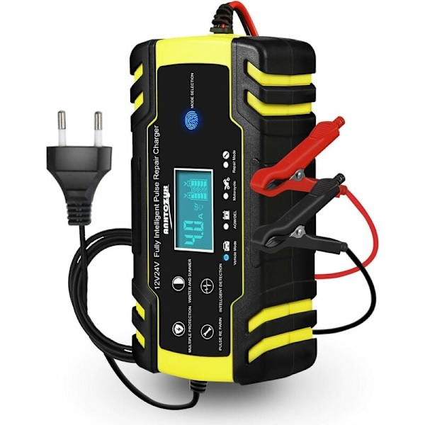 Bilbatterioplader, 12V 8A, 24V 4A Bilbatterioplader, Automatisk Smart Vedligeholdelsesoplader med LCD Touch Screen til Biler, Motorcykler (6Ah til 150A