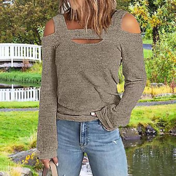 Dame Cold Shoulder Top Udskåret Design Ensfarvet Moderigtig Langærmet Bluse til Hjemme Shopping Khaki L