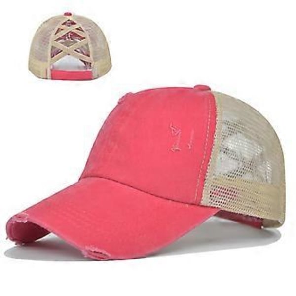 Elastisk kryss hestehalehatt, revet hestehalehatt, vasket kryss hestehale mesh hatt, dameflettehatt