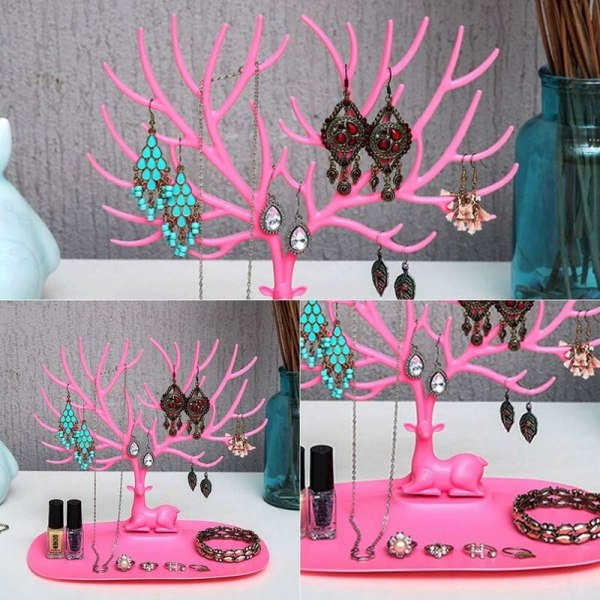 Plastik Smykke Træ Display Stativ, Hjorte Træ Smykke Display Stativ Øreringe Halskæde Holder Smykker Opbevaring Holder Stativ, Pink