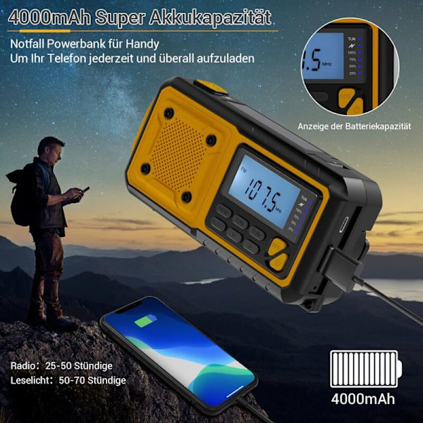 Kampikäyttöinen hätäradio 4000 mAh akulla ja näytöllä, monitoiminen aurinkoradio AM/FM NOAA-sääradio 4 tilan LED-taskulampulla