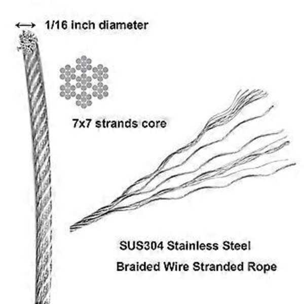 1/16 tommer x 500 fod wire reb kabel, flettet wire strandet reb flykabel til udendørs tørresnor, espalier