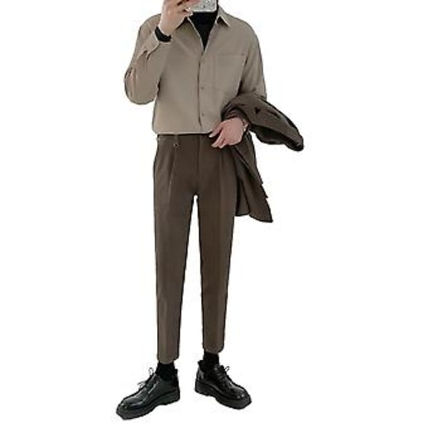 Langermet skjorte for menn, bomullsblanding, knapp ned, nedslått krage, avslappet skjorte for vår og høst, khaki L