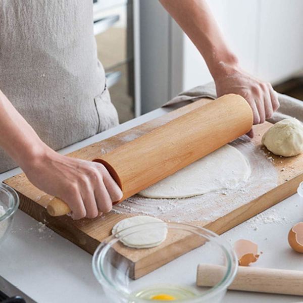 Klassisk tre kjevle - 18 tommers tre kjevle med håndtak Solid tre rullepinne Baking Profesjonell deigrull for hjemmebakeri Pi