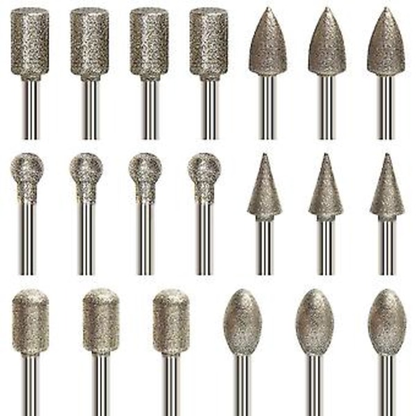 20 st Roterande Filset Slipning, Gravyrbitsset med 3mm (1/8\") Skaft, Diamantbelagd Bits för Stenhuggeri, Universell Passform för Roterande Verktyg