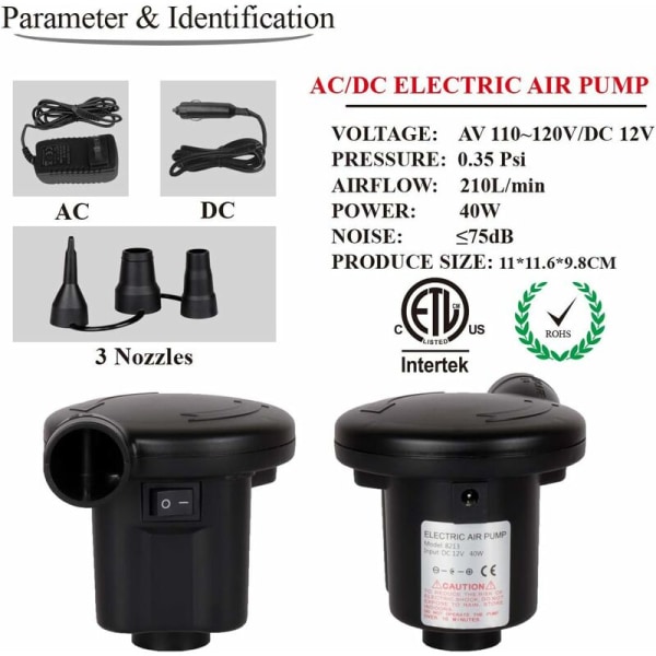 Elektrisk luftpump, 3 munstycken snabb fyllning bärbar luftpump, 110V AC / 12V DC luftmadrasspump, perfekt 2 i 1 uppblåsare avblåsare uppblåsbar B
