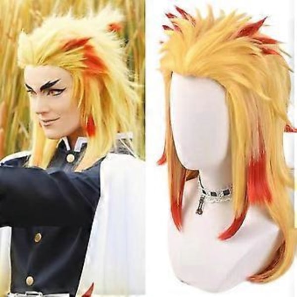 Demon Slayer Cosplay Peruukki Anime Punainen Keltainen Lyhyt Kihara Lämmönkestävä Peruukki Halloween Juhlapuvut