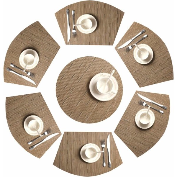 Sett med 7 kilebrikker 1 senter rund vinyl Vaskbar varmebestandig bordmatte (Tan Bamboo)-Fei Yu