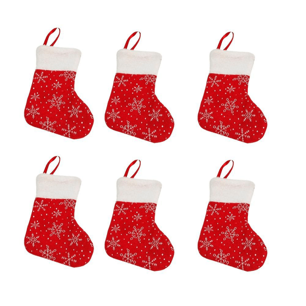 Juleministrømper, pakke med 6 snøfnuggutskrifter med plysjmansjetter, en klassisk strømpedekorasjon rød