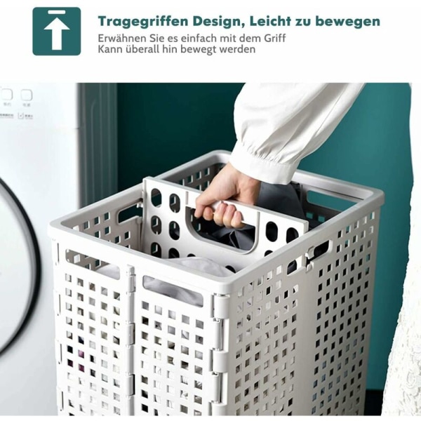 Vikbar tvättkorg med handtag, med 2 fack, stabil och stapelbar, för förvaring av kläder och leksaker, 50L, White-Fei Yu