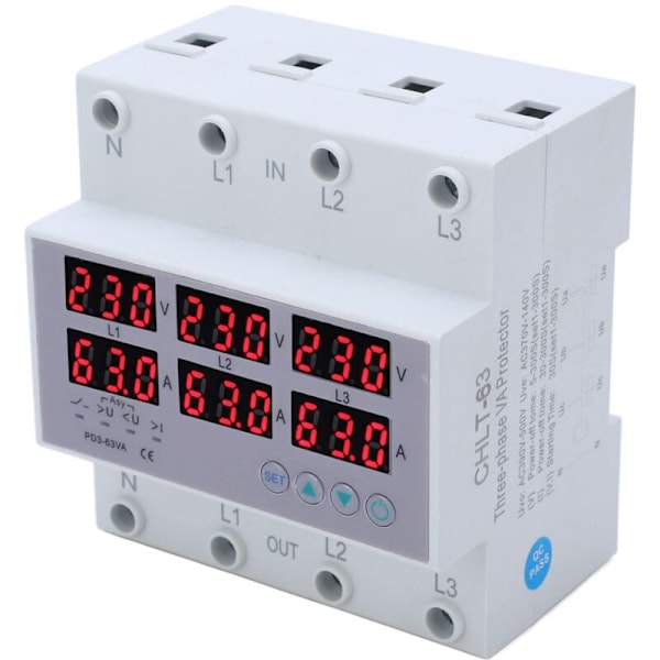 Three-Phase DIN Rail Voltmeter, AC 390-500V Three-Phase DIN Rail Voltmeter Ammeter Automatic Overvoltage and Overcurrent Protector Multi-Tester, Mul