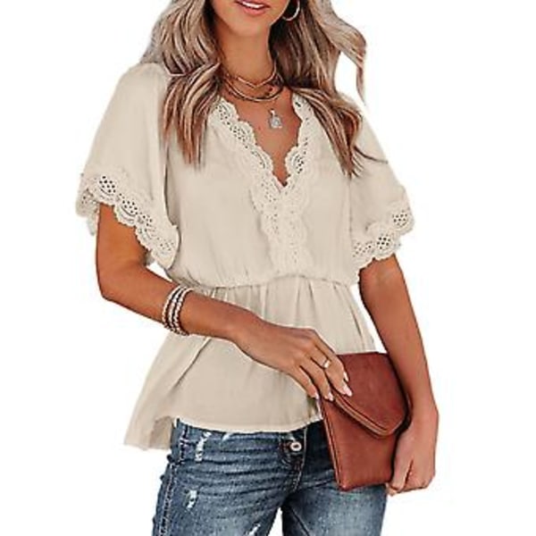 Kortermet bluse med volanger, V-hals, heklet blondekant, elastisk midje, peplum og knyting bak, for hverdagsbruk, jobb, shopping og date, khaki S