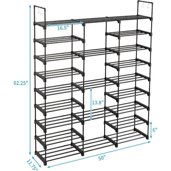 DIY skoställ 9-tiers skoställ metall skoställ rymmer 50-55 par skor för vardagsrum, entré, hall (127X28X158cm)