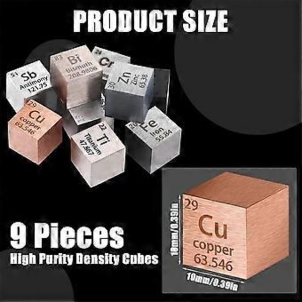 9 st Elements Fyrkantigt Set 10mm Densitet Fyrkant Periodiska Systemet Ren Metall Fyrkant för Elements Samlingar Material Hobbyer