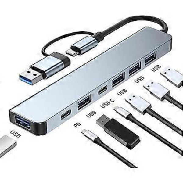 USB C Hub -jakaja 7 in 1 USB -jatke 4 USB -portilla 2 USB C -portilla PC -kannettaville/puhelimille ja muille laitteille