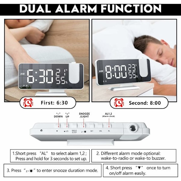180  Takprojektionsväckarklocka - Elektrisk digital klocka Snooze-funktion, 12/24H, Justerbar volym Modern lyxväckarklocka för hemmet med USB-kontakt Vit