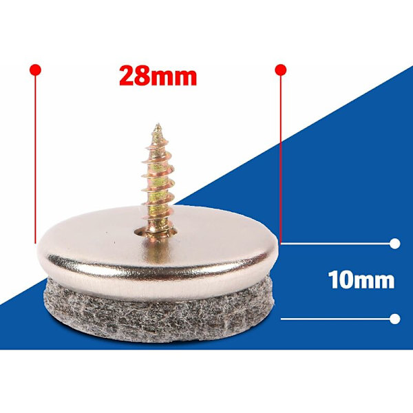 Möbelfiltkuddar - 28 mm diameter filtkuddar för möbelfötter. 5 mm tjocka stolsbensgolvskydd. Möbelkuddar med enkel skruvmontering