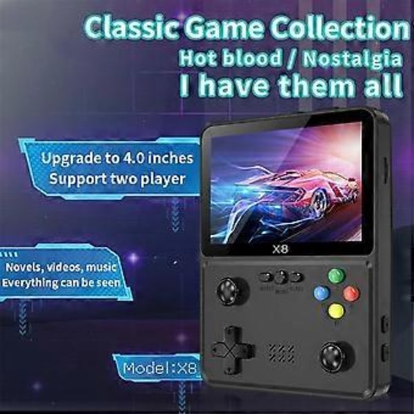 X8 Retro Spillekonsol 4 tommer IPS Skærm Håndholdt Spilleafspiller 10 Simulatorer Videospillekonsol til SFC Sort