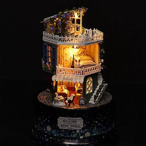 Kreativt DIY Dukkehus Drømmehus Miniature med Roterende Musikboks Støvdække LED Lys