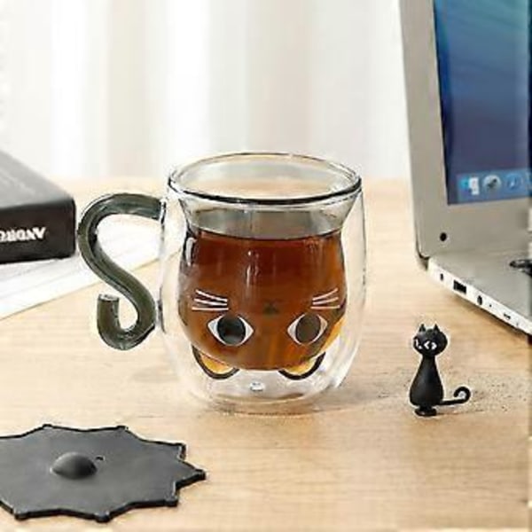 Qinhai Kattmuggar, Dubbelväggigt Glas Tekopp, Söt Kaffemugg, Alla hjärtans dag Mors dag