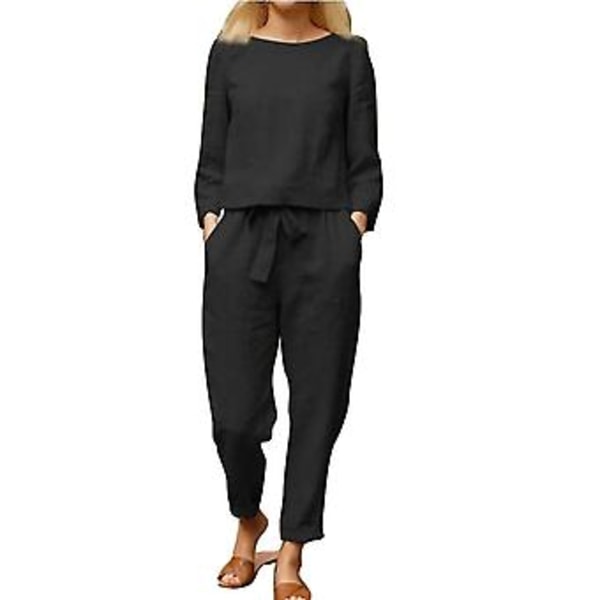 Dam 2-dels Outfits Enfärgad Rundhals Långärmad Dragsko i Midjan Vida Ben Byxdress för Vardagsbruk Svart L