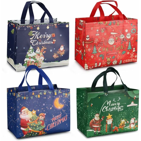 4 stk julegaveposer, julevesker med håndtak, julegodteposer, juleposer i non-woven for innpakning av gaver, julepar