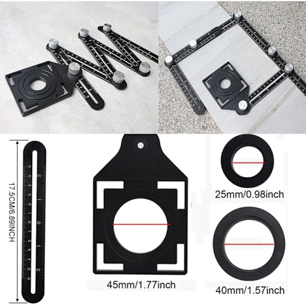 Multi-vinkel flismåler - Svart hjørneverktøy - Hjørnesjablong i aluminiumlegering - 12-sidede verktøy - Egnet for snekring, keramiske fliser - RWRule