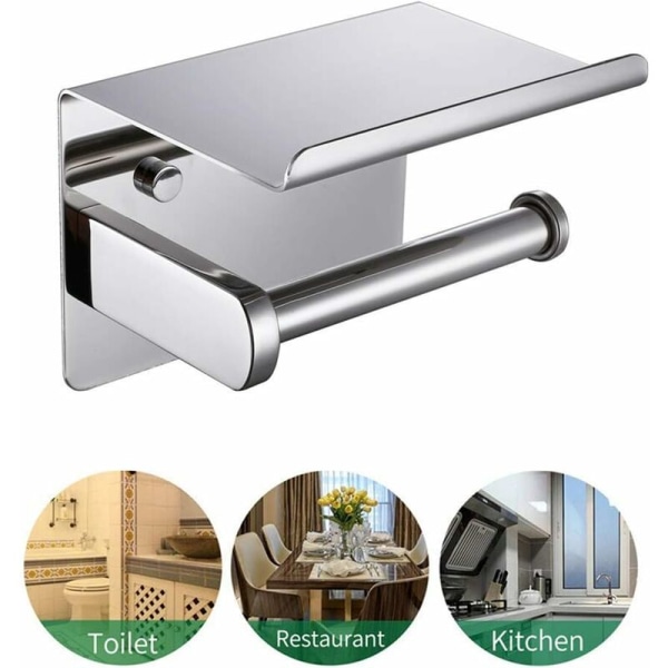 Toilet Paper Holder with Shelf Stainless Steel Toilet Paper Holder No Drilling Toilet Roll Holder Self-Adhesive or Wall Mounted (13.5 × 10 ×