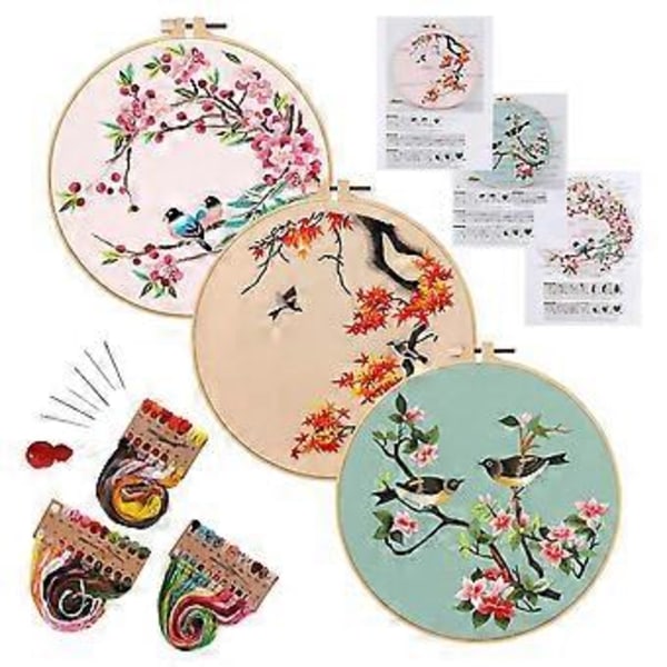 3-pack Broderikit för Nybörjare, Kit för Vuxna Inkluderar 3 Broderityger med Fågelmönster