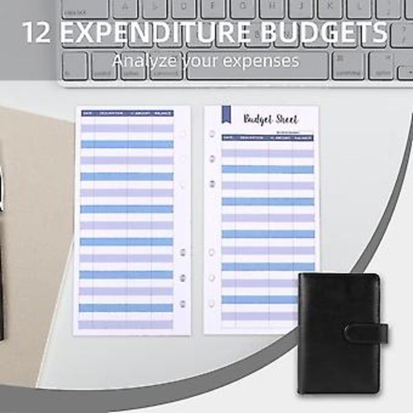 A6 PU Læder Budget Binder, med 8 A6 Binder Lommer, 12 Papirer, 6 Ring Binder Budget Kuvert System, W