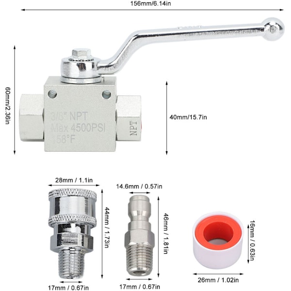 Trykkvasker kuleventilsett, 3/8\" hurtigkobling, 4500 PSI for trykkvaskerslange