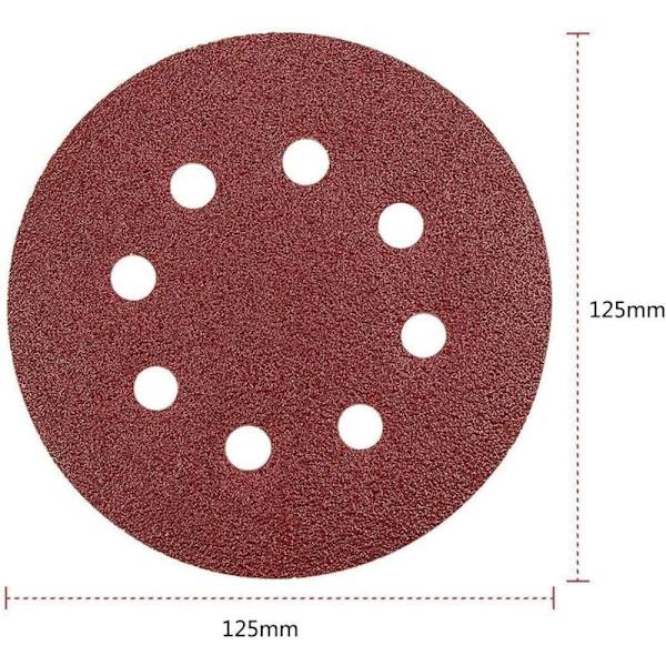 125 mm:n tarrakiinnitysliivihiomalevyt - 100 kpl epäkeskohiomakoneen hiekkapaperia 8 reikää kussakin 20 x 60/80/100/120/240 karkeutta epäkeskopyöreä paperi 125 mm-