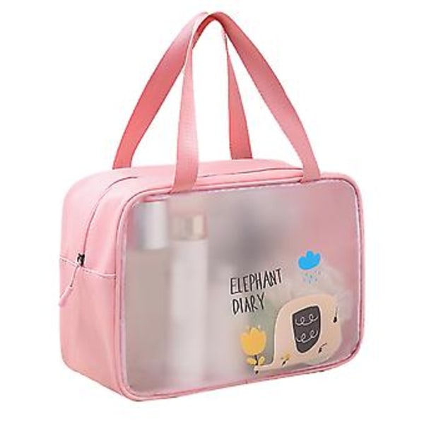 Kosmetikväska PU PVC Transparent Tecknat Mönster Handhållen Vattentät L Storlek Sminkväska för Simning Toalettartiklar Rosa
