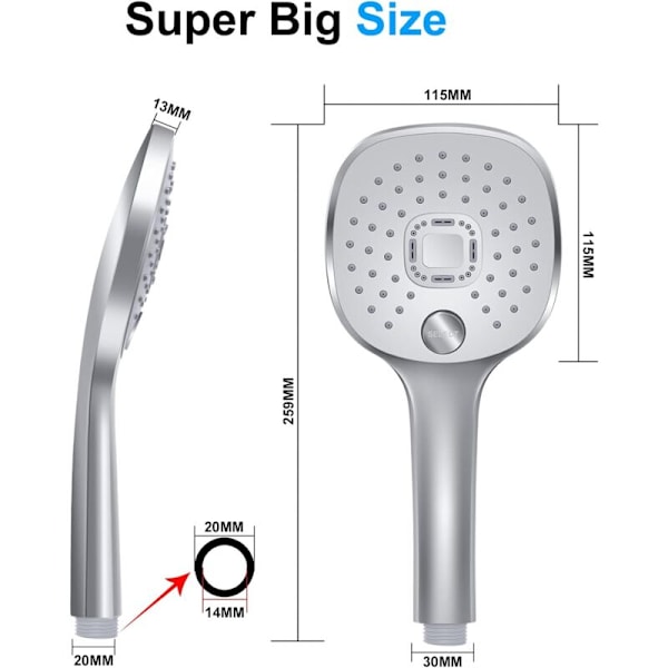 Suihkupää, 3 suihkutyyppiä kestävällä kahvalla ja ympäristöystävällisellä silikonisuuttimella, suuri hopeinen suihkupää (suihkupää ilman letkua)