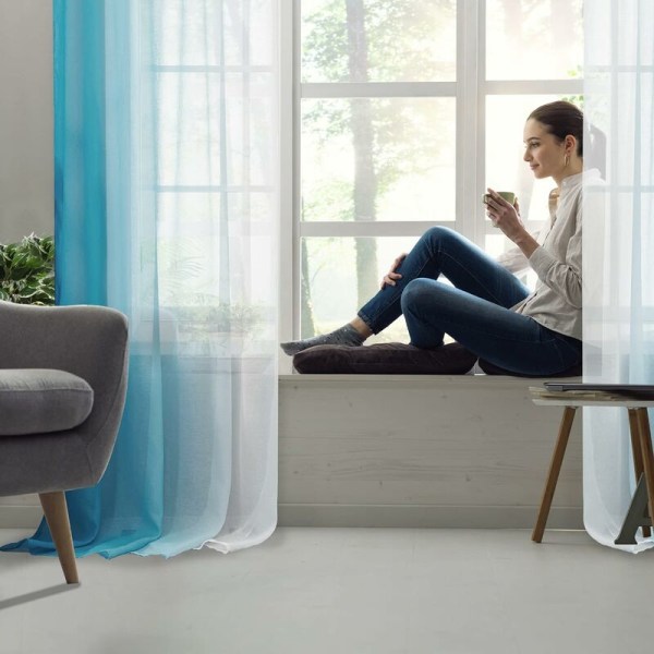 Sæt med 2 voilegardiner, øjengardin dekoration, 132×213 CM, gradient farve til børneværelse pige soveværelse stue hjem vindue balkon, blå