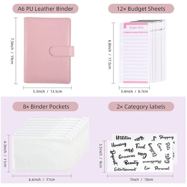 Kontantkuverter til budgettering, A6 budgetmappe, mappe lommer, udgiftsbudgetark, pengemappe tegnebogsarrangør (Pink)
