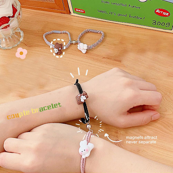 2 st magnet attraherar elastiskt rep björnar och kaniner armband bff rep vävning