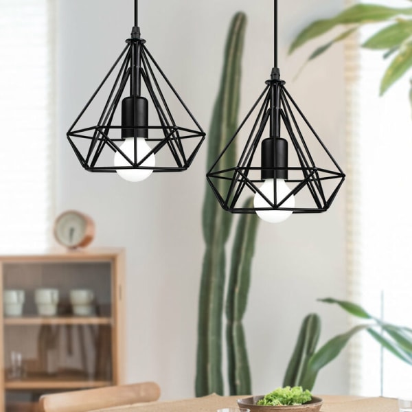 Vintage Pendel Loftlampe Sort Metal Gitter Hængende Lampe til Køkkenø Soveværelse Bar 2 Pak
