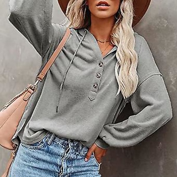 Blus Långärmad V-ringning Knapp Enfärgad Casual Trendig Hooded Toppar för Kvinnor Grå M
